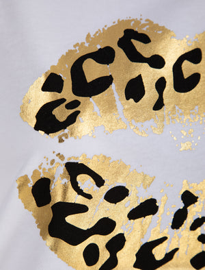 Aurelia Gold Foil Leopard Print Lip Motif Cotton T-Shirt in Bright White - Weekend Vibes