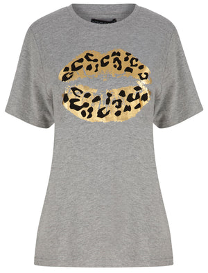 Aurelia Gold Foil Leopard Print Lip Motif Cotton T-Shirt in Mid Grey Marl - Weekend Vibes