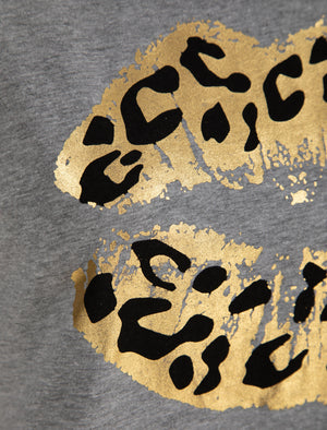 Aurelia Gold Foil Leopard Print Lip Motif Cotton T-Shirt in Mid Grey Marl - Weekend Vibes