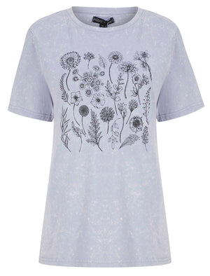 Bloom Motif Acid Wash Cotton T-Shirt in Aleutian Blue - Weekend Vibes