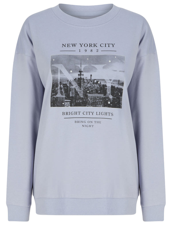 Bright Lights NYC Motif Crew Neck Sweatshirt in Aleutian Blue - Weekend Vibes