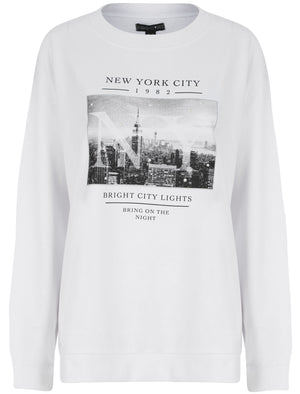 Bright Lights NYC Motif Crew Neck Sweatshirt in Optic White - Weekend Vibes