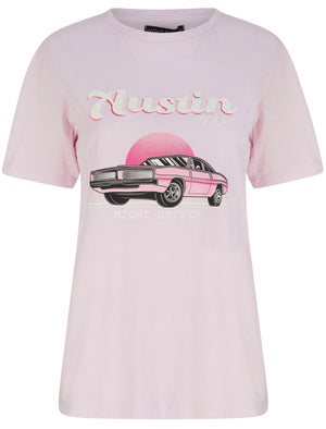 Cadillac Motif Acid Wash Cotton T-Shirt in Lilac Petal - Weekend Vibes
