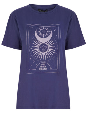 Celestial Motif Acid Wash Cotton T-Shirt in Astral Aura Blue - Weekend Vibes