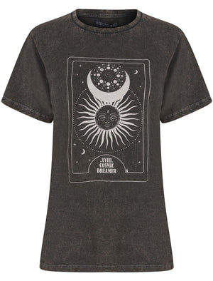 Celestial Motif Acid Wash Cotton T-Shirt in Pirate Black - Weekend Vibes