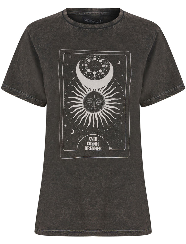 Celestial Motif Acid Wash Cotton T-Shirt in Pirate Black - Weekend Vibes