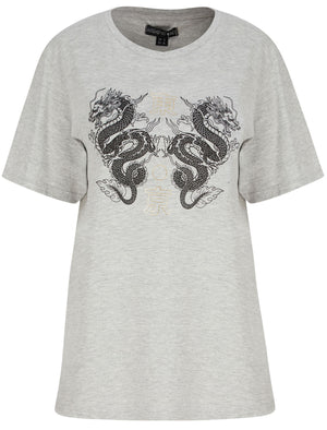 Double Dragon Motif Cotton T-Shirt with Foil Text in Light Grey Marl - Weekend Vibes