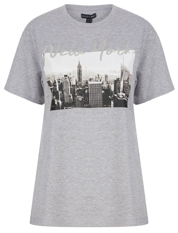 Empire New York Motif Cotton T-Shirt with Silver Foil Detail in Light Grey Marl - Weekend Vibes
