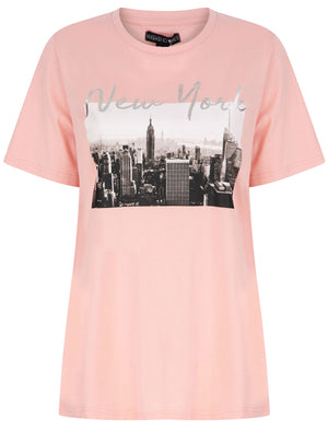 Empire New York Motif Cotton T-Shirt with Silver Foil Detail in Powder Pink - Weekend Vibes