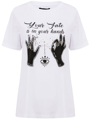 Fate In Your Hands Motif Cotton T-Shirt in Bright White - Weekend Vibes