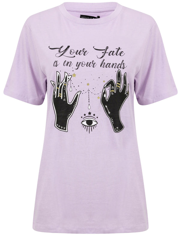 Fate In Your Hands Motif Cotton T-Shirt in Pastel Lilac - Weekend Vibes