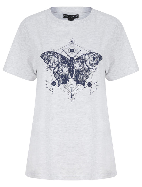 Geo Fly Butterfly Motif Cotton T-Shirt in Ice Grey Marl - Weekend Vibes