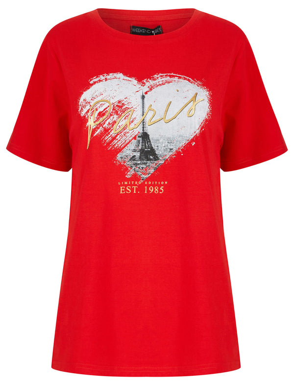 Heart Paris Motif Cotton T-Shirt with Gold Foil Detail in Flame Scarlet - Weekend Vibes
