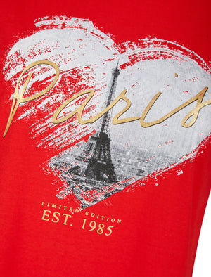 Heart Paris Motif Cotton T-Shirt with Gold Foil Detail in Flame Scarlet - Weekend Vibes