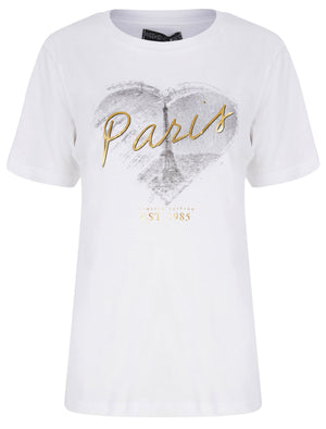 Heart Paris Motif Cotton T-Shirt with Gold Foil Detail in Optic White - Weekend Vibes
