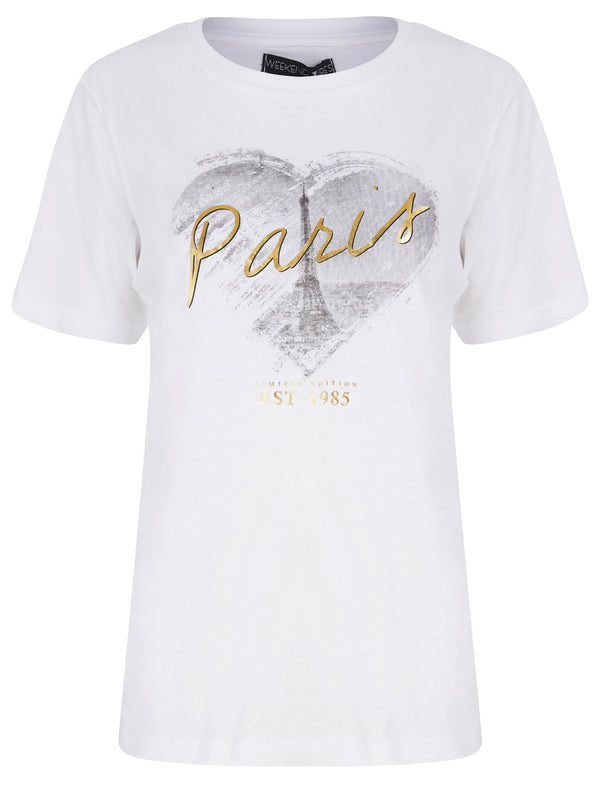 Heart Paris Motif Cotton T-Shirt with Gold Foil Detail in Optic White - Weekend Vibes