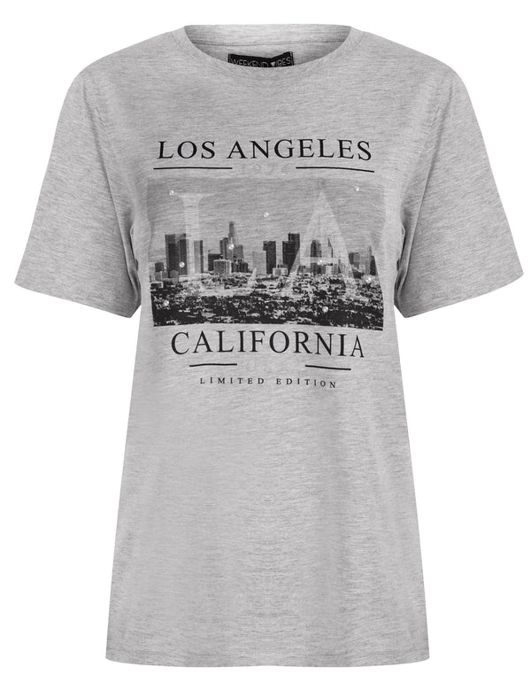 LTD LA Motif Cotton T-Shirt With Pearl Embellishments in Light Grey Marl - Weekend Vibes