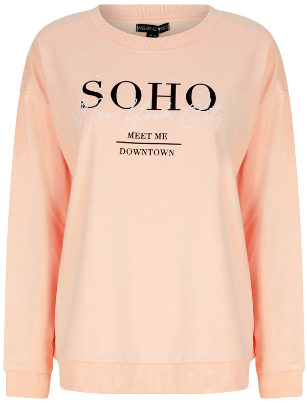 New Soho NYC Motif Crew Neck Sweatshirt in Cameo Rose - Weekend Vibes