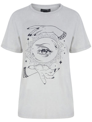 Nova Crystal Ball Motif Acid Wash Cotton T-Shirt in High Rise Grey - Weekend Vibes