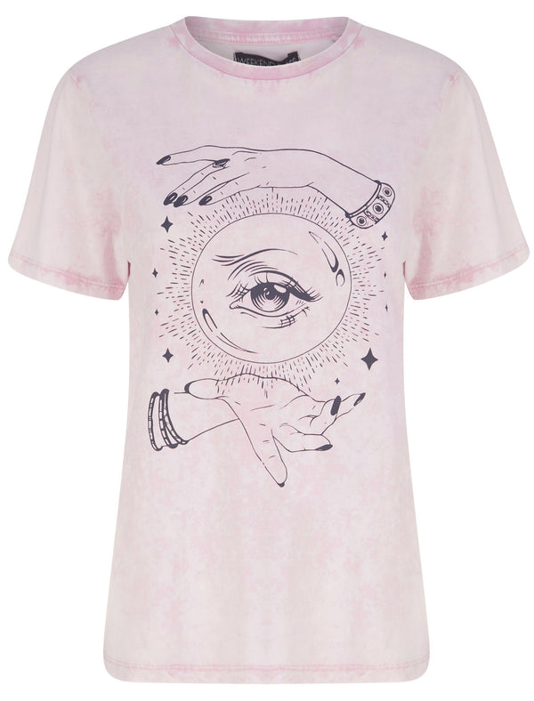 Nova Crystal Ball Motif Acid Wash Cotton T-Shirt in Orchid Bouquet - Weekend Vibes