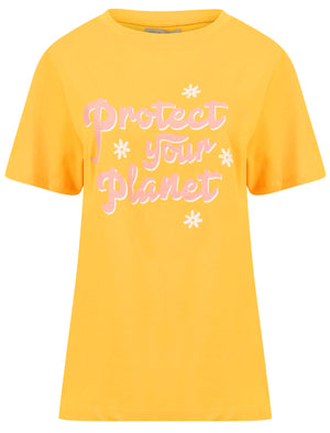 Protect Your Planet Slogan Motif Cotton T-Shirt in Old Gold - Weekend Vibes