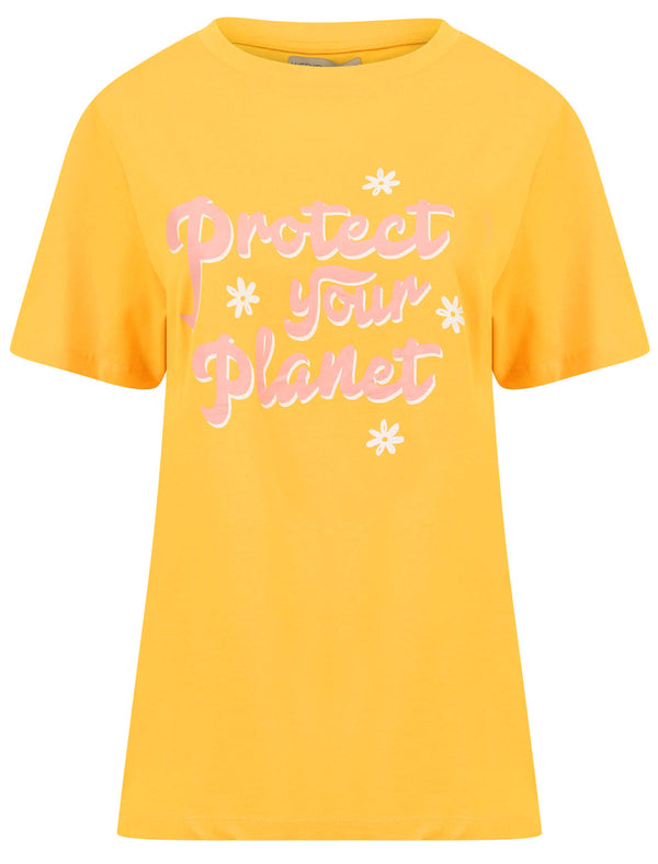 Protect Your Planet Slogan Motif Cotton T-Shirt in Old Gold - Weekend Vibes