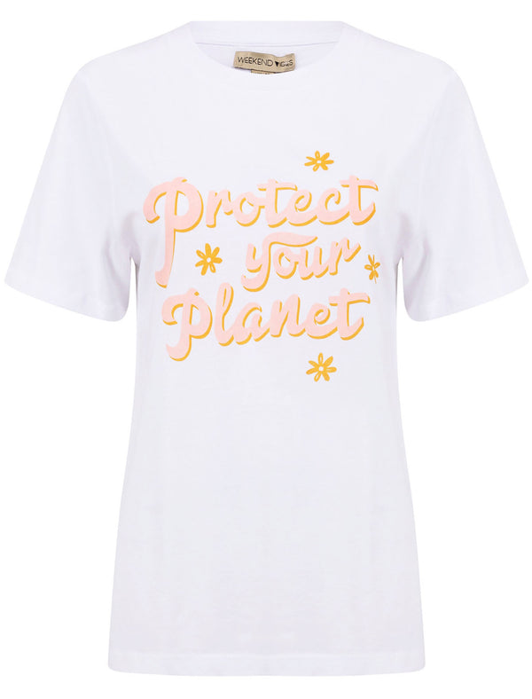 Protect Your Planet Slogan Motif Cotton T-Shirt in Bright White - Weekend Vibes