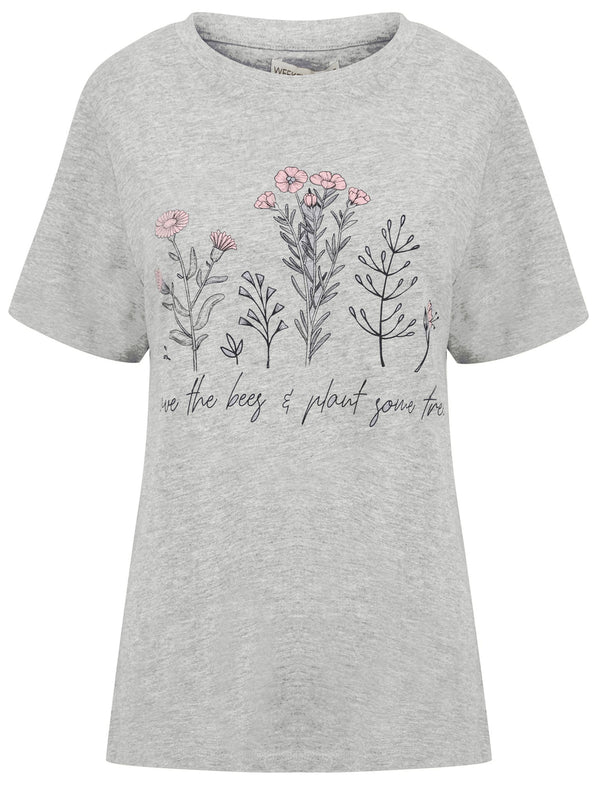 Save The Bees Motif Cotton T-Shirt in Light Grey Marl - Weekend Vibes