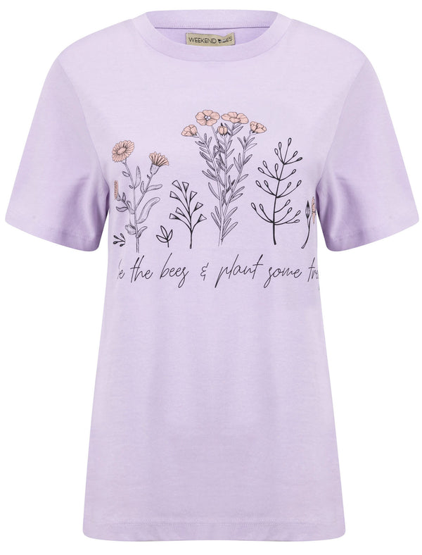 Save The Bees Motif Cotton T-Shirt in Pastel Lilac - Weekend Vibes