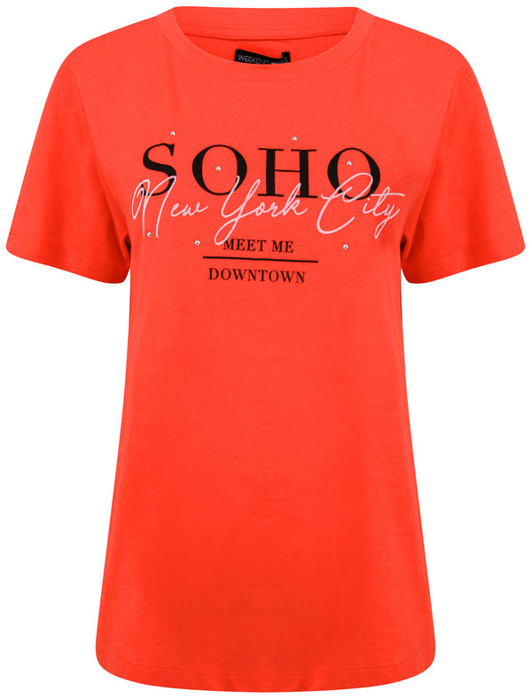 Soho / NYC Motif Studded Cotton T-Shirt in Bittersweet Red - Weekend Vibes
