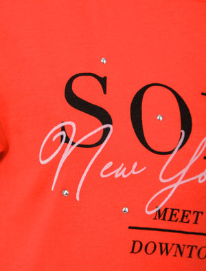Soho / NYC Motif Studded Cotton T-Shirt in Bittersweet Red - Weekend Vibes
