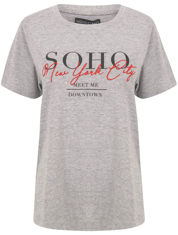Soho / NYC Motif Studded Cotton T-Shirt in Light Grey Marl - Weekend Vibes