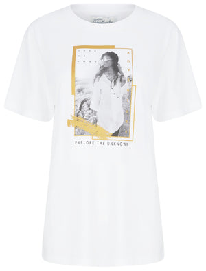 Wanderlust Motif Cotton T-Shirt with Gold Foil Detail in Bright White - Weekend Vibes