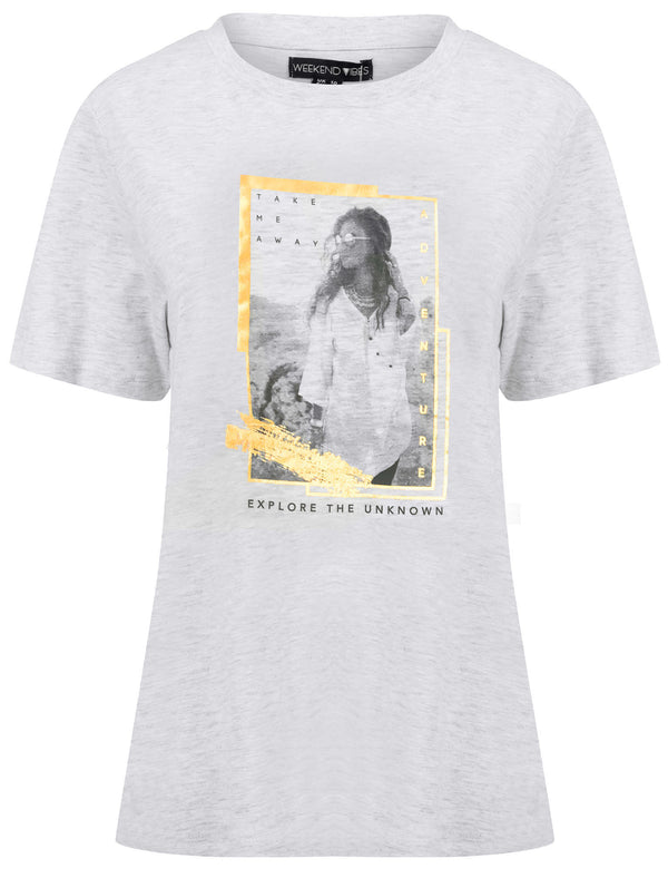 Wanderlust Motif Cotton T-Shirt with Gold Foil Detail in White Grey Marl - Weekend Vibes