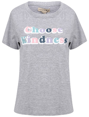 Choose Kindness Motif Cotton Crew Neck T-Shirt in Light Grey Marl - Weekend Vibes