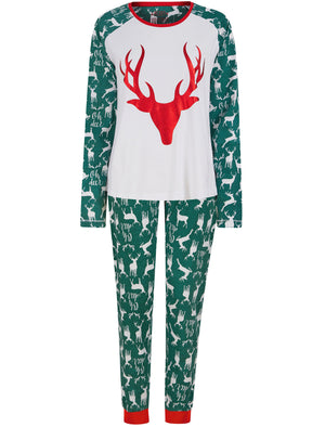 Women's Stag Head Foil Motif 2PC Cotton Lounge Pyjama Set in Green - Merry Christmas