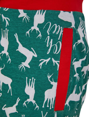 Women's Stag Head Foil Motif 2PC Cotton Lounge Pyjama Set in Green - Merry Christmas