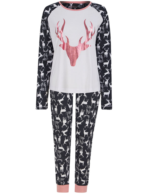 Women's Stag Head Foil Motif 2PC Cotton Lounge Pyjama Set in Navy - Merry Christmas
