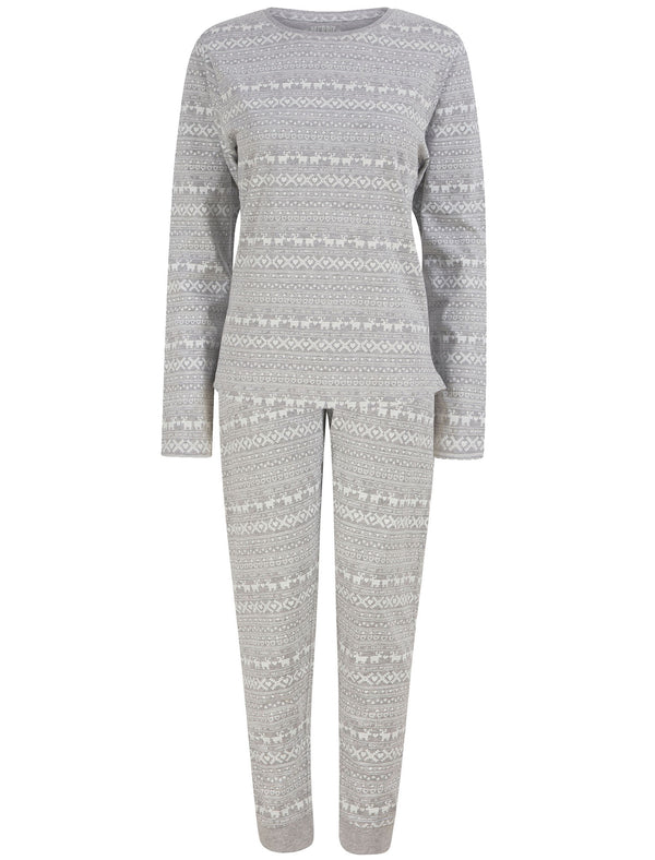 Women's Vega Repeat Reindeer Fairisle Print 2PC Cotton Lounge Pyjama Set in Light Grey Marl - Merry Christmas