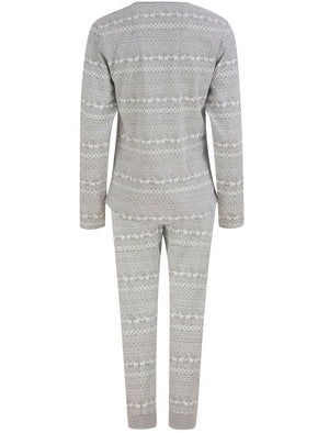 Women's Vega Repeat Reindeer Fairisle Print 2PC Cotton Lounge Pyjama Set in Light Grey Marl - Merry Christmas