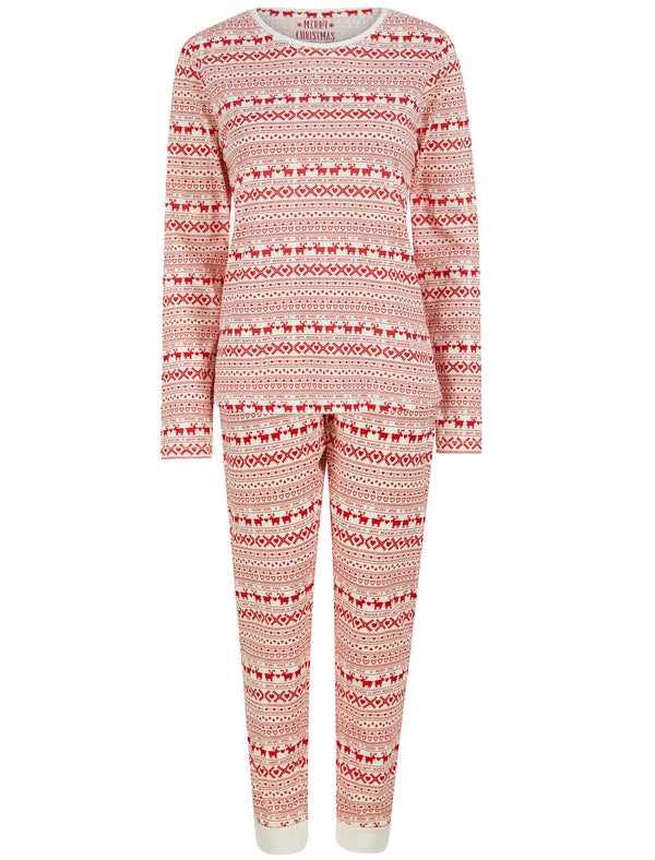 Women's Vega Repeat Reindeer Fairisle Print 2PC Cotton Lounge Pyjama Set in Snow White - Merry Christmas