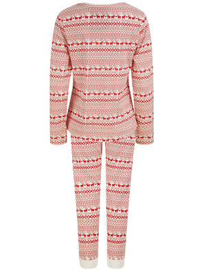 Women's Vega Repeat Reindeer Fairisle Print 2PC Cotton Lounge Pyjama Set in Snow White - Merry Christmas