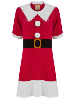 Women’s Mrs Claus Dress Novelty Knitted Christmas Jumper Skater Dress in Red - Merry Christmas