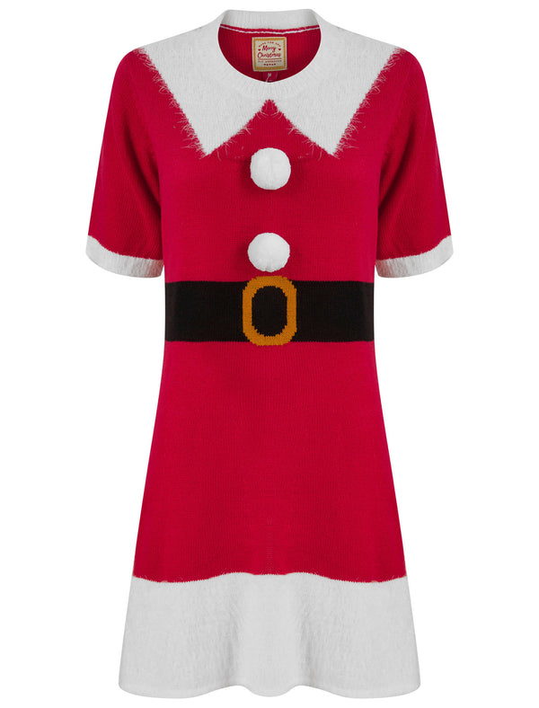 Women’s Mrs Claus Dress Novelty Knitted Christmas Jumper Skater Dress in Red - Merry Christmas