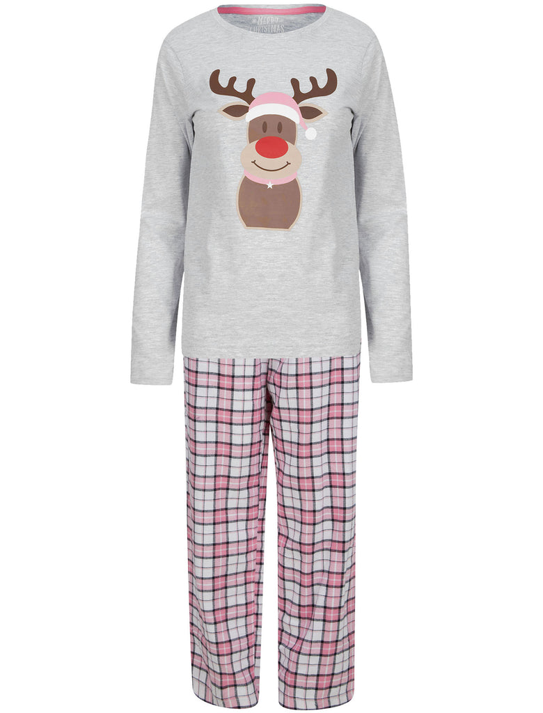 Women's Rudolph Motif 2pc Lounge Pyjama Set in Ice Grey Marl / Pink Wh ...