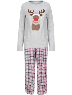 Women's Rudolph Motif 2pc Lounge Pyjama Set in Ice Grey Marl / Pink White Check - Merry Christmas