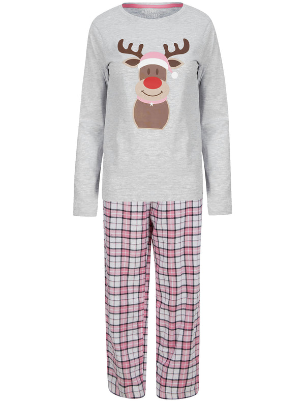 Women's Rudolph Motif 2pc Lounge Pyjama Set in Ice Grey Marl / Pink White Check - Merry Christmas