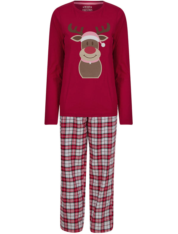 Women's Rudolph Motif 2pc Lounge Pyjama Set in Red / Red White Check - Merry Christmas
