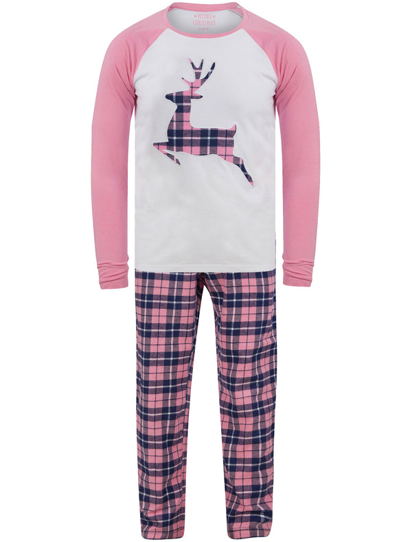 Women's Reindeer Applique 2pc Lounge Pyjama Set in Pink / Pink Navy Check - Merry Christmas