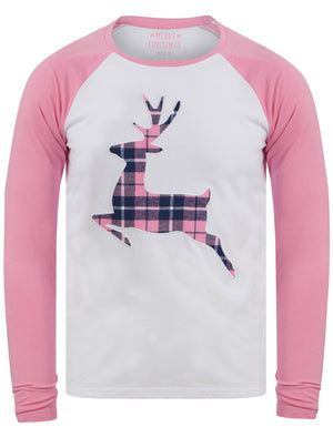 Women's Reindeer Applique 2pc Lounge Pyjama Set in Pink / Pink Navy Check - Merry Christmas